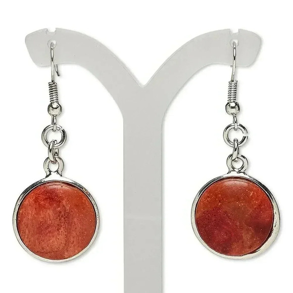 Handcrafted Red Bamboo Coral Gemstone Cabochon Silver Dangle Earrings - Picture 1 of 1